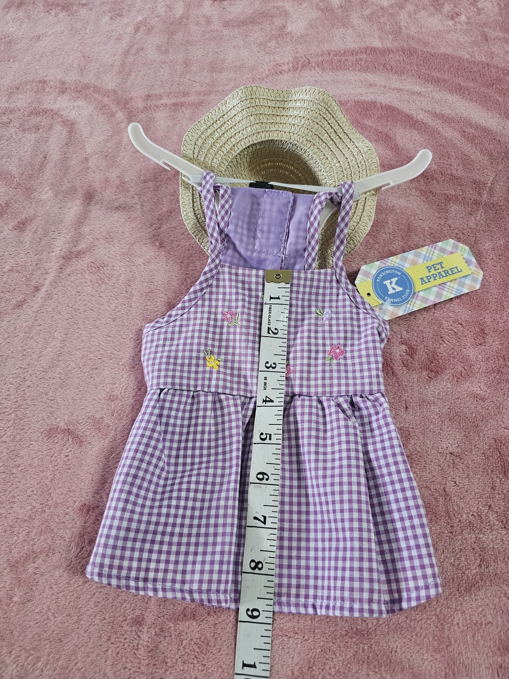 Kj Brand Lavender Gingham Embroidered Dog Sundress with Straw Hat "XS" - Picture 8 of 8